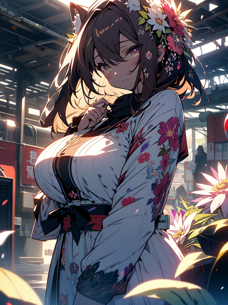 (very detailed anime、 8k wallpaper), Lighting, sea of Flowers, Flowers, (1 girl), whole body,(Off-the-shoulder dress、A lot of floral decorations)、 Akita dog,Colorful colors、Bright atmosphere、(Beautiful Anime)、cute、(highest quaLightingy、masterpiece、High resolution、detailed)、(Shining Eyes、detailed美しい顔)、Big breasts in bright sunlight, Brown Hair, Bangs between the eyes, Dog ears, Inugami Korone,Hololive,Thighs