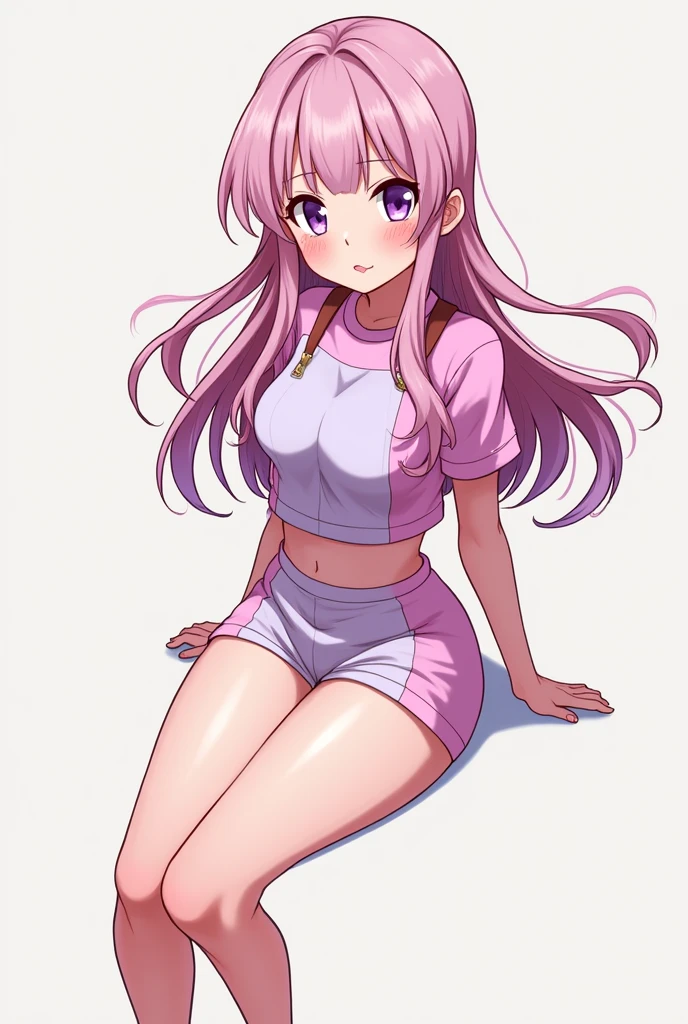 Create a female My Hero Academia character in a sitting pose, long hair with short bangs, short pink and light purple clothes