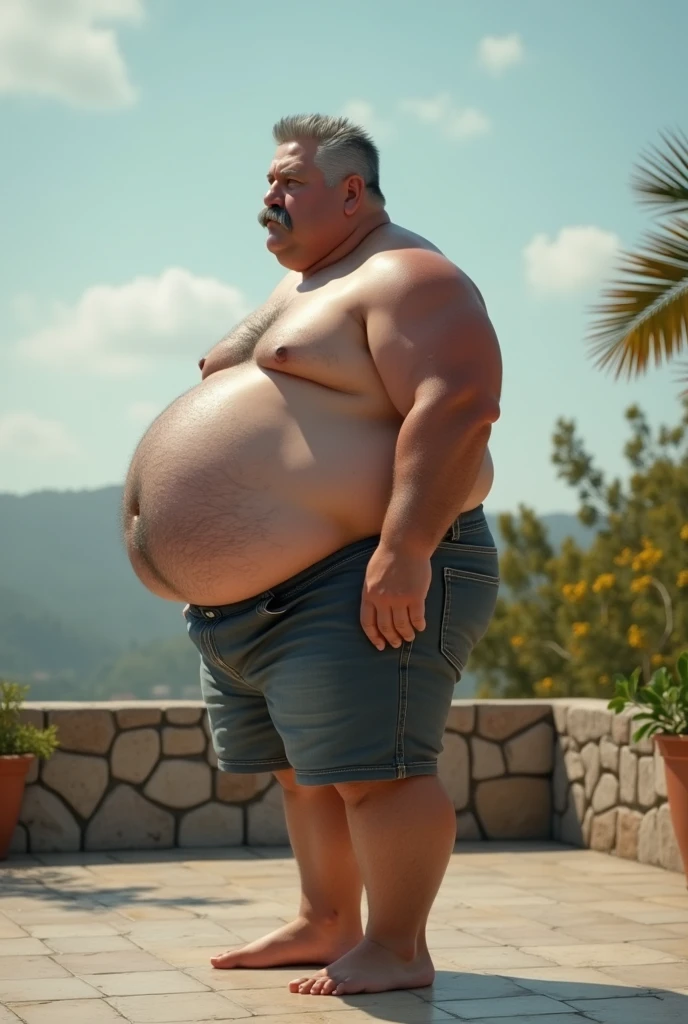 Hyper-realistic very attractive mature handsome fat white man, side view, chubby, fat, obese, huge belly, beefy, thick legs, huge calves, standing, half body, at terrace, grey very short hair, well designed grey mustache, thick mustache, hyper-detailed background, cinematic, uhd, 8k, high resolution, perfect result, best quality, detailed work, wearing a shorts