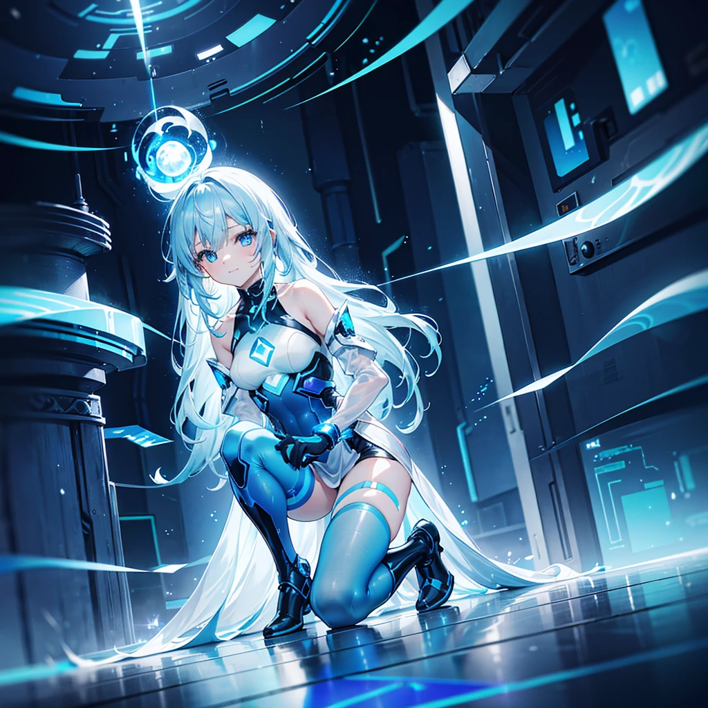 ((Holographic glow effect)),8k, Highest quality, (real:1.4), Original photo, 1 person, Asari Hair, Biological Amplifier, Very sleek and futuristic armor, posture: Peace talks between warring factions,,attention arousal, smart blue eyes,A modest smile,Knee-high boots,Patent-look blue tights,Blue big moon and blue light swirl in the background,Blue light from behind,blue light magic,A small, glowing blue ball in the palm of your hand,Blue flame swirl,Blue Comet,Polished floor,