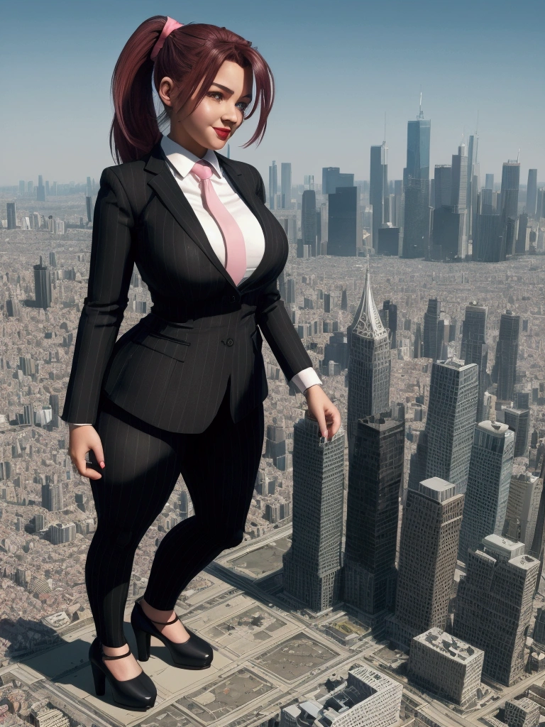 (photorealism:1.2), young , beautiful bbw schoolgirl a massive curvy pink ponytail red lips wearing a perfect dark pinstripe suit with a thick bright tie large collar large breasts. Platform high heels , standing, giantess art, highly detailed giantess shots, giantess, most detailed, perfect face, Two legs, Five fingers, short hair, A high school girl who is bigger than a skyscraper, standing on very small city, skyscarpers at their feet, skyscrapers small, smile, huge breasts, major metropolis, numerous Destroying cities, Under heavy attack, A very small big city, Miniature metropolis, Full body description, GTS, giga giantess, gigagts, stomping city, crash city, tiny city, micro city, , High resolution, highest quality, masterpiece,  view looking down from a plane. 