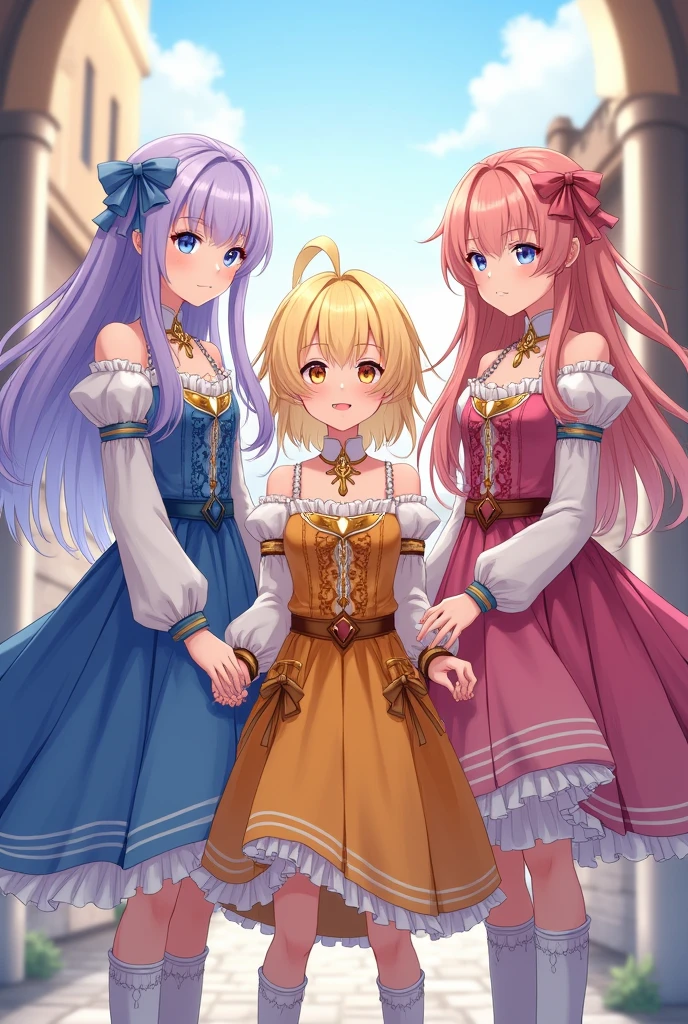3 beautiful young girls, the first girl with long lavender hair with bangs and light blue eyes, in a gorgeous blue and white dress with detailed sleeves that show off her shoulders and short ankle socks. The second girl with short sun yellow hair with bangs and a yellow and orange dress with a big gold necklace is the happiest and the third with long wavy strawberry pink hair with dull pink eyes, with a bright pink and light white dress with a bow at the waist and long socks. ( They have the same height) medieval anime era ( The dresses are like the game Genshin Impact) whole bodies