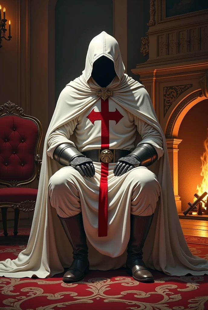 a templar knight with white cloak and red cross on his chest, resting on the fireplace inside a luxurious castle, high quality, artwork,, incredible lighting, illustration, cinematic light:1.1, perfect shading