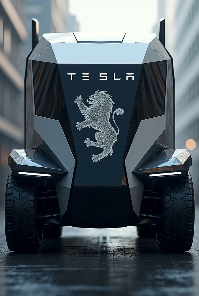 Tesla cybertruck with a lion logo referring to Tesla with the name Tesla cybertruck above 