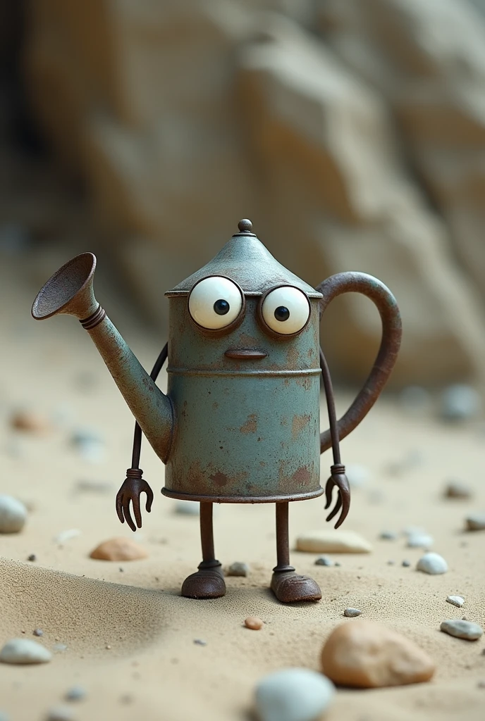 A photo of old, tree watering container with eyes standing and staring. The cans are placed on a sandy ground. There are pebbles embedded in the sand. The background is blurred, showing a rocky terrain. The lighting is soft.

