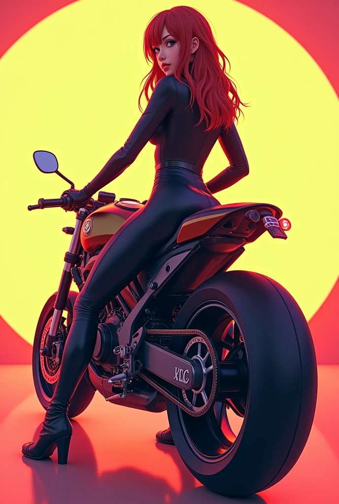 Very detailed anime style photography of Camy with vibrant and very vivid colors, that he wears a fitted suit, with a lush body on a futuristic motorcycle and a solid color background, Photograph taken from behind and the woman turned towards the camera