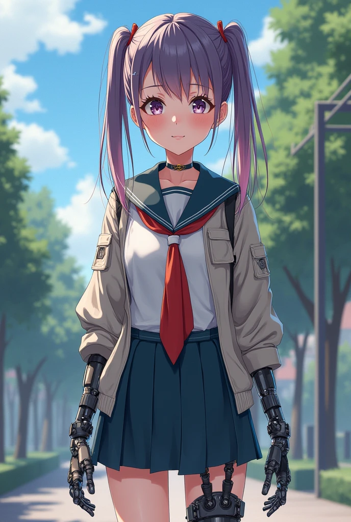 Short petite adult woman with long pigtails and school uniform Sailor uniform with short skirt With robotic prosthetics on robotic arms and legs realistic anime 2D Robotic legs With jacket over large