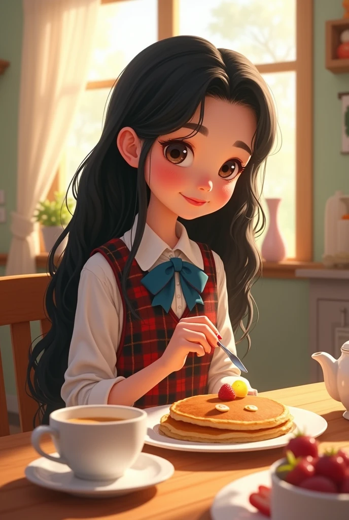 Generates a Disney Pixar type image of a white girl with long black hair. having breakfast in uniform 




