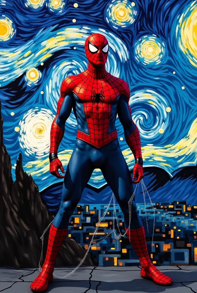 I want you to create a painting for me like Van Gogh&#39;s Starry Night, but Spider-Man and all kinds of Spider-Man themes well, But I want it to be the Spider-Man of painting as well, like it&#39;s a painting of Spider-Man. If you can put more Spider-Man and more spider stuff that would be better