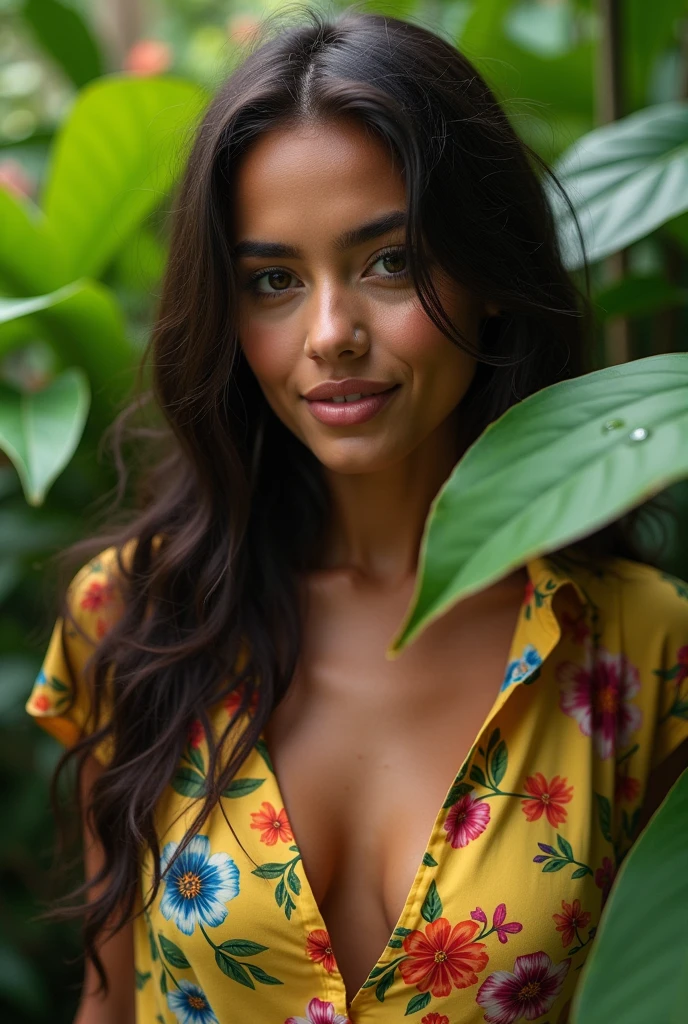 A Brazilian woman in a lush tropical garden, wearing an open shirt with a floral print, with a close-up capturing the harmonious beauty between her breasts and the natural flowers, showing off your natural charm and outgoing personality.