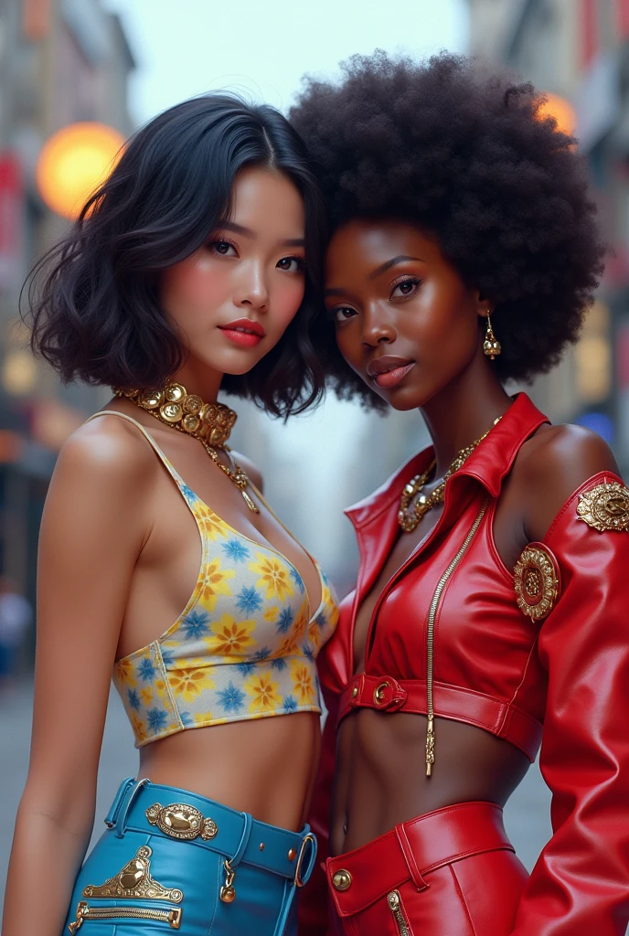 One girl with wavy hair and one with curly afro hair
Dressed in kpop style