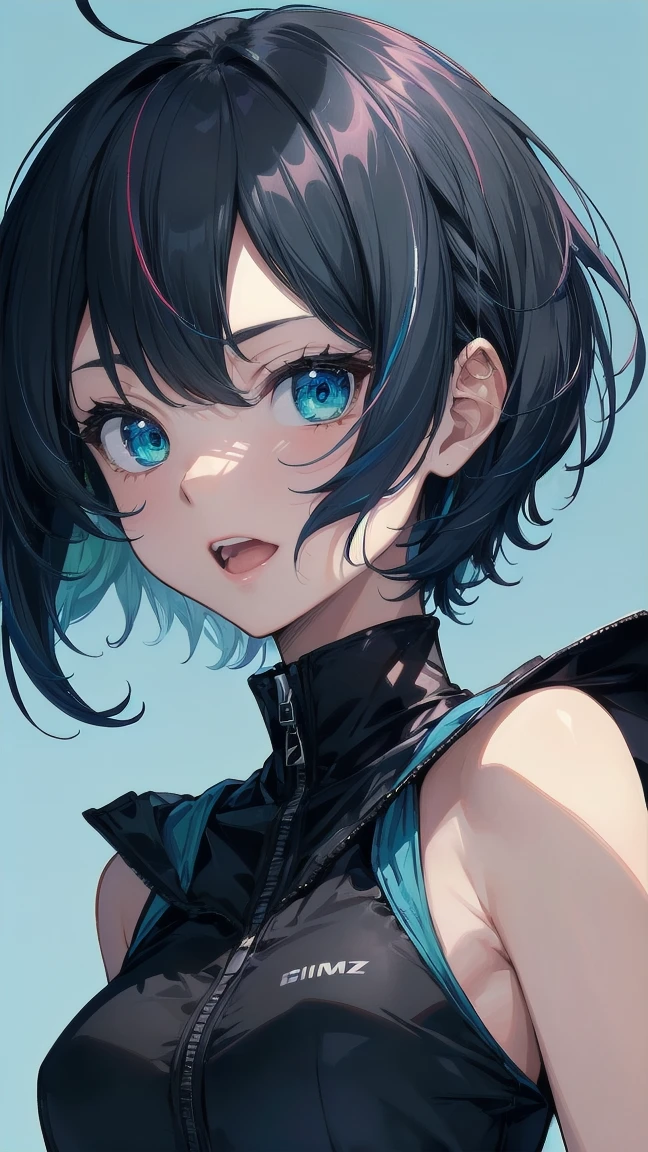 Close-up of a manga girl with blue hair and a yellow shirt, 2D Animation, 2D Animation style, 2D Art, 2D Art, 2D from Gorillaz, 2D from Gorillaz, 2D Gorillaz, Screaming Cerket, 2D Sprite, Jinx Face, short hair, Small breasts, hot pants, ((Black Hair, Inner bright blue hair:1.4))