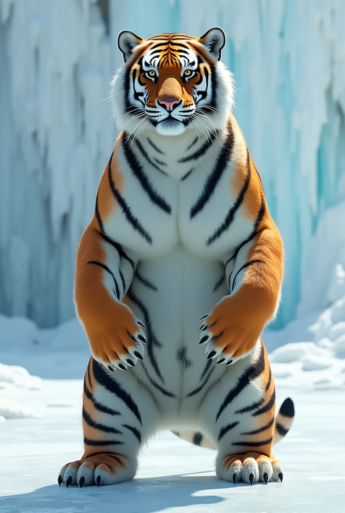 Tiger and polar bear in mix image standing at two legs on ice 