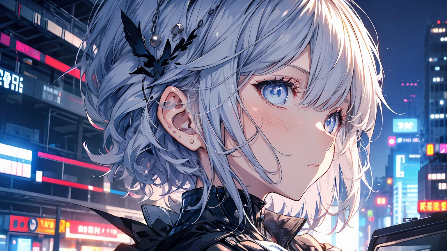 Girl with silver hair shortcut.The girl is living in a futuristic city..The girl has cold blue eyes.There is a black cat by her side..I definitely want to draw a black cat..