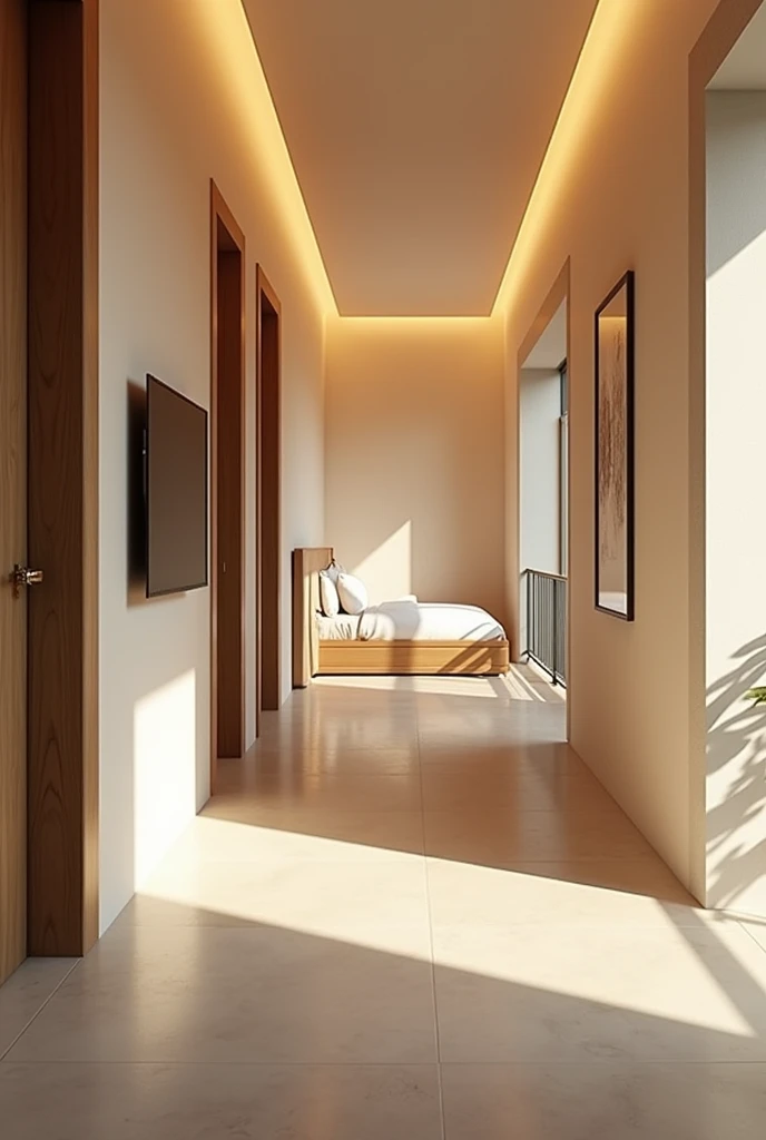 There is a bed with a wooden headboard and a TV on the wall.., hall, serene and peaceful style, Ambiente sereno de hall, interior do hall, luxurious environment, realistic physics rendering, luz natural no hall, modern and minimalist, warm ambient light, Soft lighting color scheme, warm interiors, warm interior, Interior design