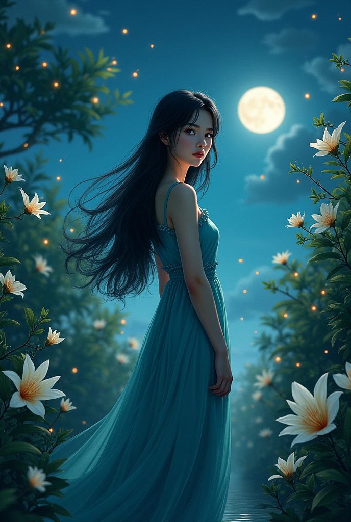 only one girl, long black wavy hair, blue eyes, standing far away while looking behind, wearing a blue green dress with plumeria flowers printed, night time, fireflies, plantation of white plumeria flower, Sparkle, Silhouette, Accurate, Masterpiece, High Resolution, 