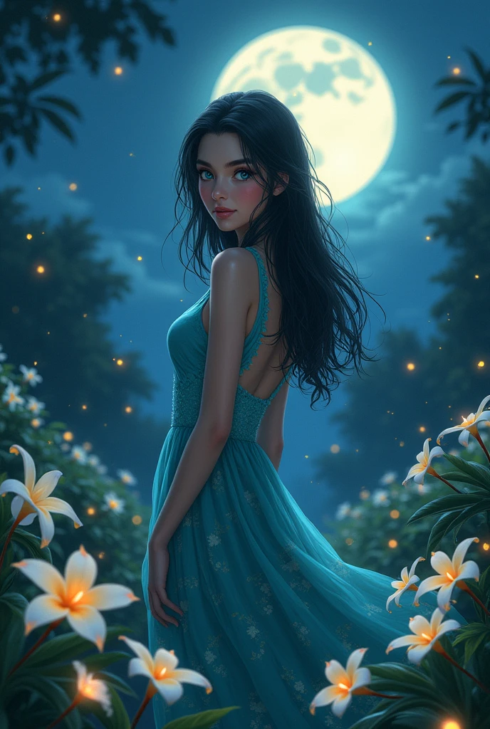 only one girl, long black wavy hair, blue eyes, standing far away while looking behind, wearing a blue green dress with plumeria flowers printed, night time, fireflies, plantation of white plumeria flower, Sparkle, Silhouette, Accurate, Masterpiece, High Resolution, 