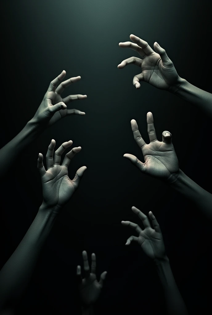 in the center a black background, and around hands coming out of the edges