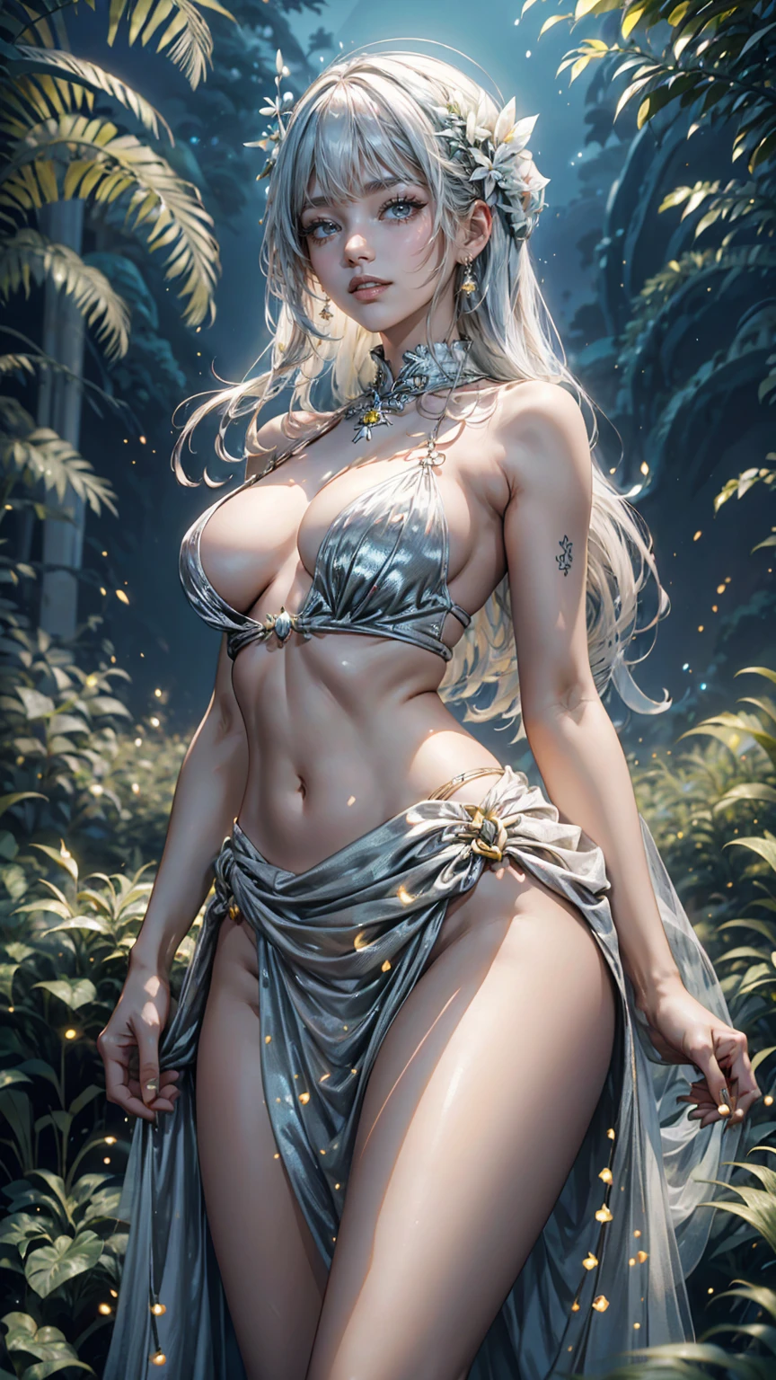 a woman in a silver dress standing in front of a castle, smiley face smile on face, huge breasts, hot body curves, lalisa manobal, skinny girl in white boho dress, white sarong, photo of slim girl model, photo of slim girl, lalisa manoban of blackpink, trending on pixv, trending on tiktok, popular on instagram, anime thai girl, wearing crop top and miniskirt