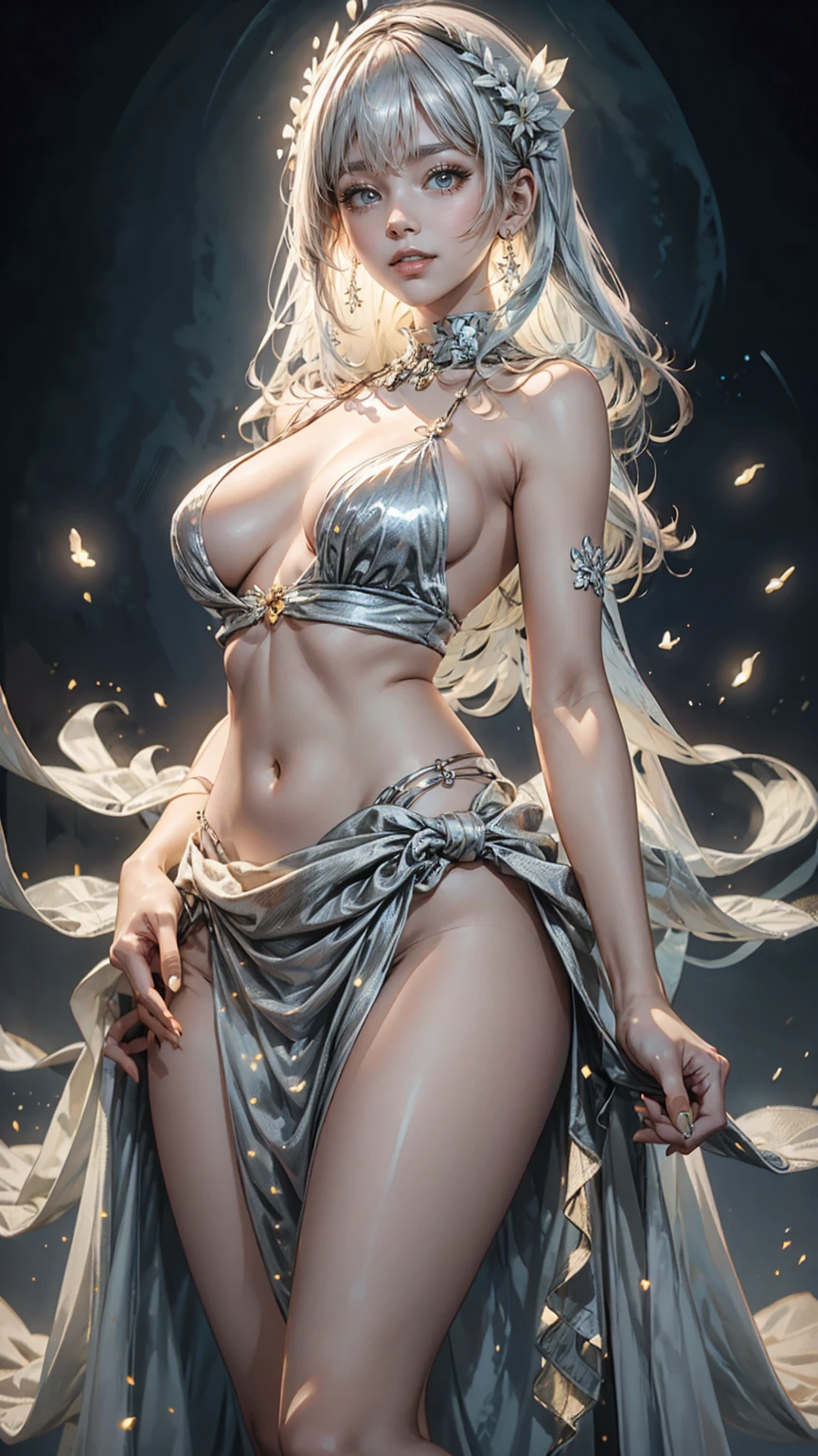 a woman in a silver dress standing in front of a castle, smiley face smile on face, huge breasts, hot body curves, lalisa manobal, skinny girl in white boho dress, white sarong, photo of slim girl model, photo of slim girl, lalisa manoban of blackpink, trending on pixv, trending on tiktok, popular on instagram, anime thai girl, wearing crop top and miniskirt