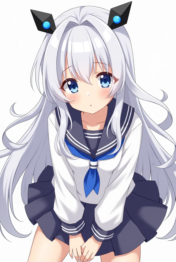 A Japanese anime style girl with long white hair,M-shaped bangs,She has a pair of blue eyes,There are only two black arrow-shaped headdresses on her head. There is only one blue round bead on each of the upward-pointing arrows. There is a blue round bead in the middle of the upward-pointing arrow-shaped headdress.,Wearing a sailor suit,You can vaguely see the cleavage and legs wearing white,Chest size is normal