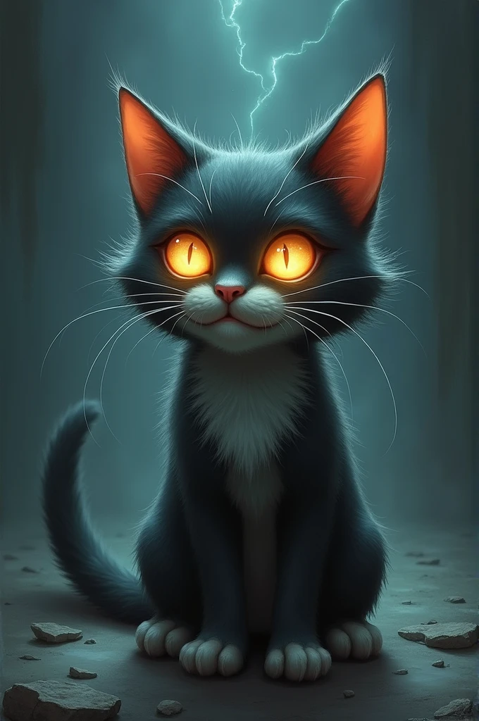Transformation Begins: Whiskers starts to show signs of distress, with glowing eyes and a slightly eerie aura around him.
