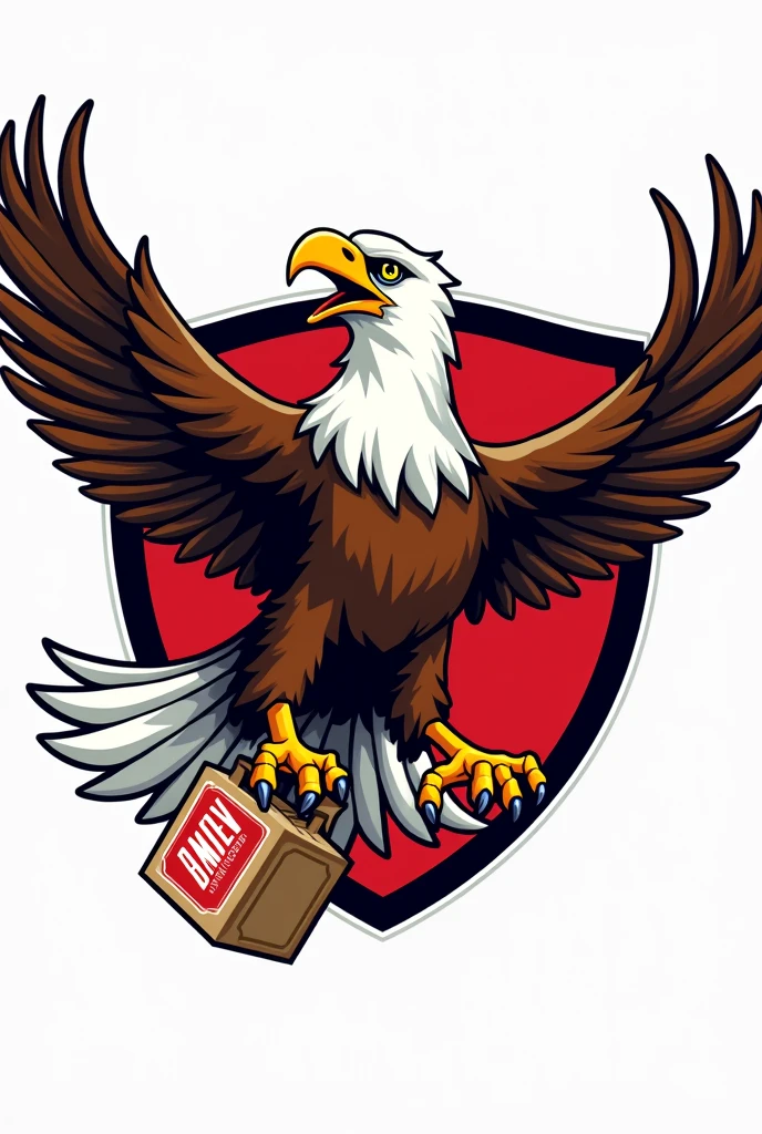 Generate a cartoon image of a flying eagle, inside a shield with part of its wings outwards with a box of AmBev beer in the claws for use with the symbol of a team