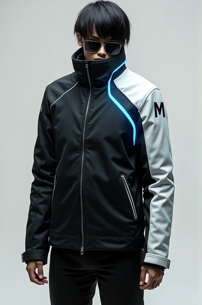 Create a futuristic jacket design that features a predominantly black base with accents of blue and white. Make the right arm completely white, detailed with sleek blue lines that run from the shoulder to the wrist. Incorporate the letter 'M' on the left shoulder in a bold, futuristic font. The jacket should have a high, structured collar that adds to its modern aesthetic. Aim for a balanced look with clean lines and a minimalistic yet striking design