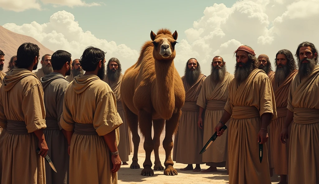 A group of people with slightly long hair and a long beard, who want simple and old clothes, gather and surround a camel, and in their hands are knives and daggers, and they want to slaughter it.
