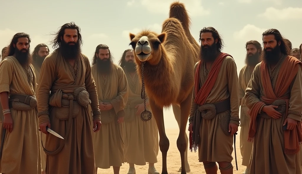 A group of people with slightly long hair and a long beard, who want simple and old clothes, gather and surround a camel, and in their hands are knives and daggers, and they want to slaughter it.
