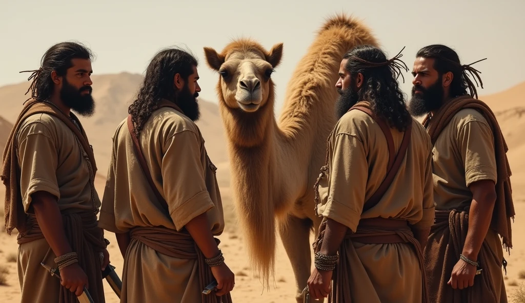 A group of people with slightly long hair and a long beard, who want simple and old clothes, gather and surround a camel, and in their hands are knives and daggers, and they want to slaughter it. 