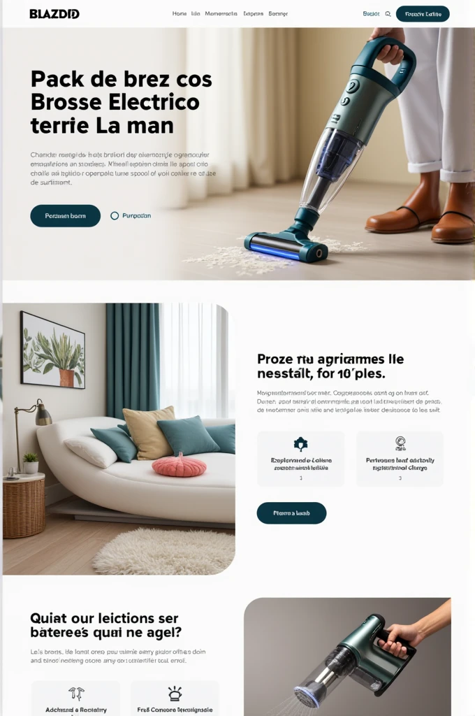 Je créer une marque de Brosse de nettoyage électrique tenue dans la main fait moi un template de site en image pour m'aider (un site de netoyage)