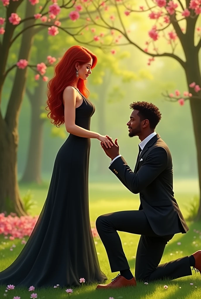 A red-haired woman, longwavy hair, with a long black dress standing, on his knees a black man, with curly hair and rings in his hands asking her to marry him.
It&#39;s spring, they are in a green park, He is smiling. 
