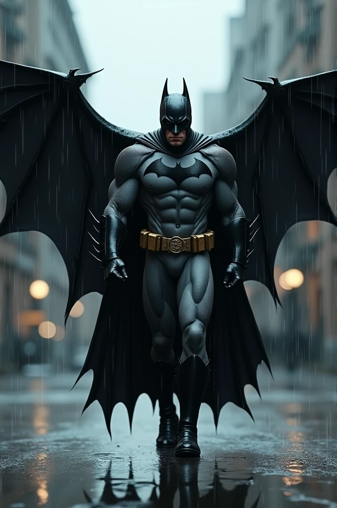 Realistic image of a batman with black wings walking towards camera on a rainy day
