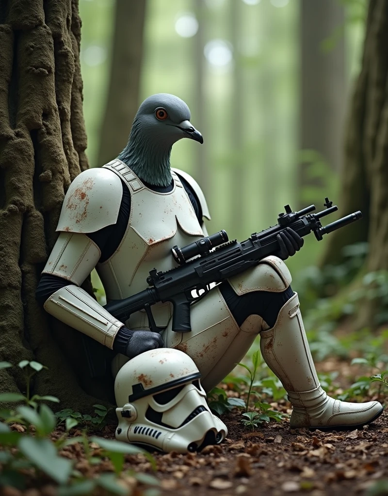 ((Grey pigeon female)), Dirty Star Wars「Stormtrooper」アーマーを着たGrey pigeon femaleがエンドアの森で木に寄りかかって休んでいる。((Stormtrooperのヘルメットが地面に落ちている彼女のそばにあり))、E-11 Blaster on the ground。Grey pigeon female、Muscular body、far and near method、Wide Shot、18mm、Depth of written boundary、colorful、Highest quality、4K、Daylight