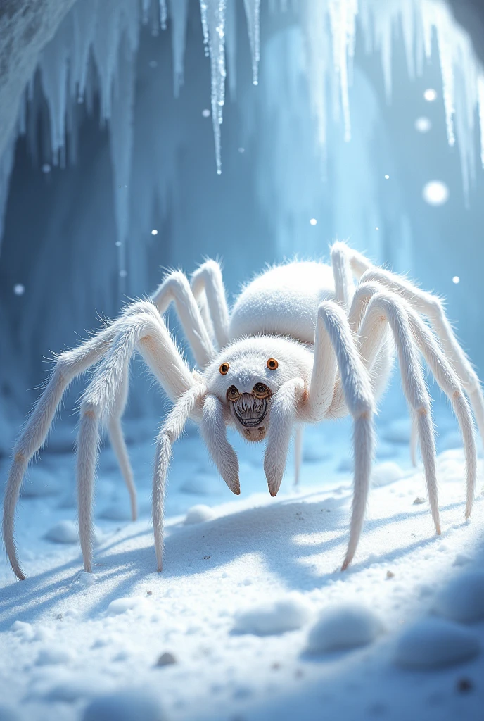  white spider in a snowy cave, detailed fur, anime