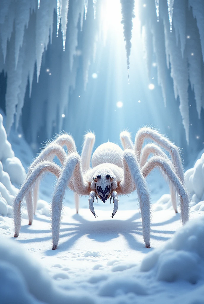  white spider in a snowy cave, detailed fur, anime