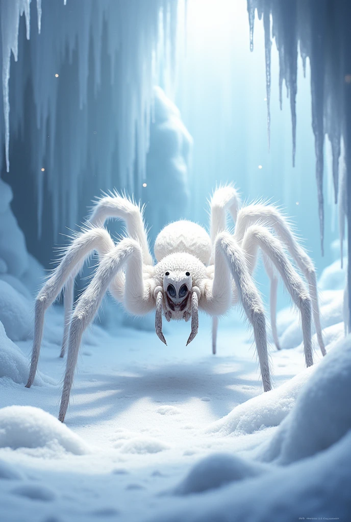 white spider in a snowy cave, detailed fur, anime