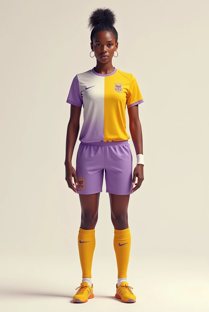 Hello, design me a uniform for a women's soccer team, pastel purple shorts,
half burnt yellow and pastel purple t-shirt and burnt yellow socks, woman full body looking forward