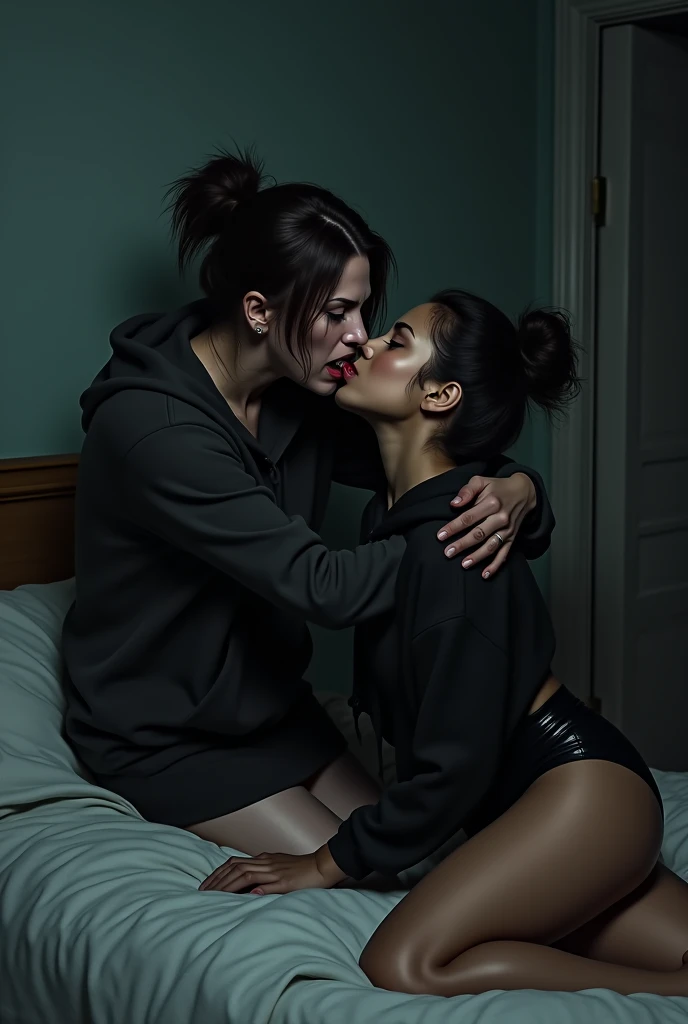 black woman hair in a bun black hoodie black leather short shorts laying in the bed upright as a old ugly woman is on top of her eating her pussy out                                      bedroom
