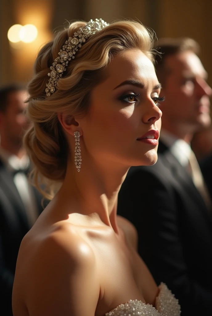 Cinematic action scene for romantic modern novel where MALEFICENT DANICA looking on Priest in beautiful and elegant church with soft lighting and full off guests. MALEFICENT DANICA, an elegant bride in her 30s. The woman appears elegant and romantic. Her hair is styled in an updo, with her blonde or light brown hair gathered at the back of her head. A decorative hair accessory, resembling a floral or jeweled headband, adorns her hairstyle. She wearing a luxury wedding, as her shoulders and upper chest are bare. The woman is wearing earrings that appear to be dangling or drop-style, adding to her sophisticated look. Her makeup is noticeable but elegant, with what appears to be darker eye makeup enhancing her eyes. Her facial expression is soft but tense. Her eyes are nearly closed, and her lips are slightly parted, conveying a sense of emotional anticipation. Cinematic action scene, highly detailed, Close Up shot, Point of View Shot, Eye Level Shot, 4K, highly detailed, epic scene, dynamic scene. The lighting in the scene creates a soft outline and adding drama and depth to the image.