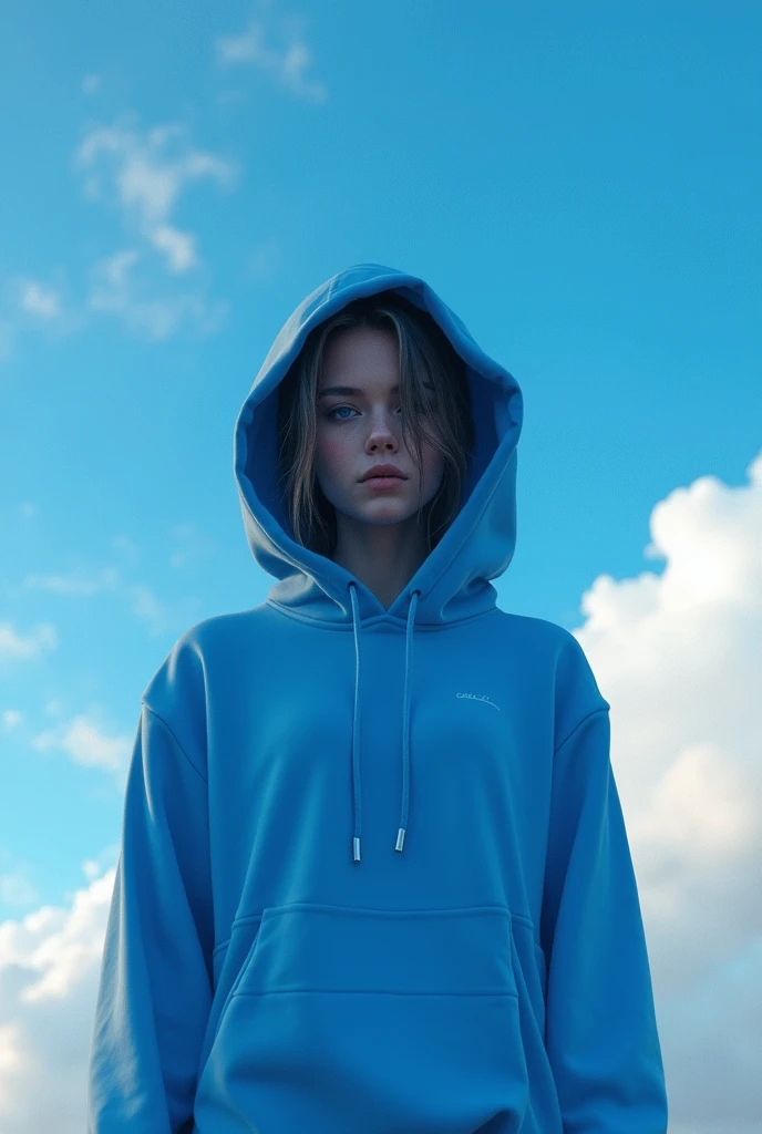 A girl wearing a blue hoodie with her face hidden from view against a beautiful sky