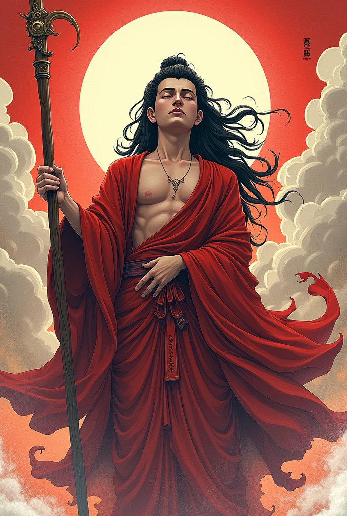 TEXT SAYING 'I AM REBEL BUDDHA"', webnovel anime cover style, young buddh, long hair and staff, I AM REBEL BUDDHA, 'I AM REBEL BUDDHA', title saying 'I AM REBEL BUDDHA', covering saying I AM REBEL BUDDHA