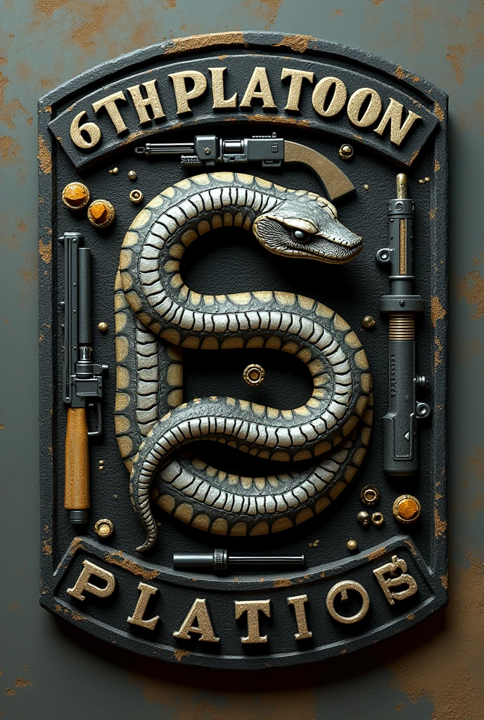 Military patch of a snake in the shape of the number 6 with military items with the legend of 6th Platoon