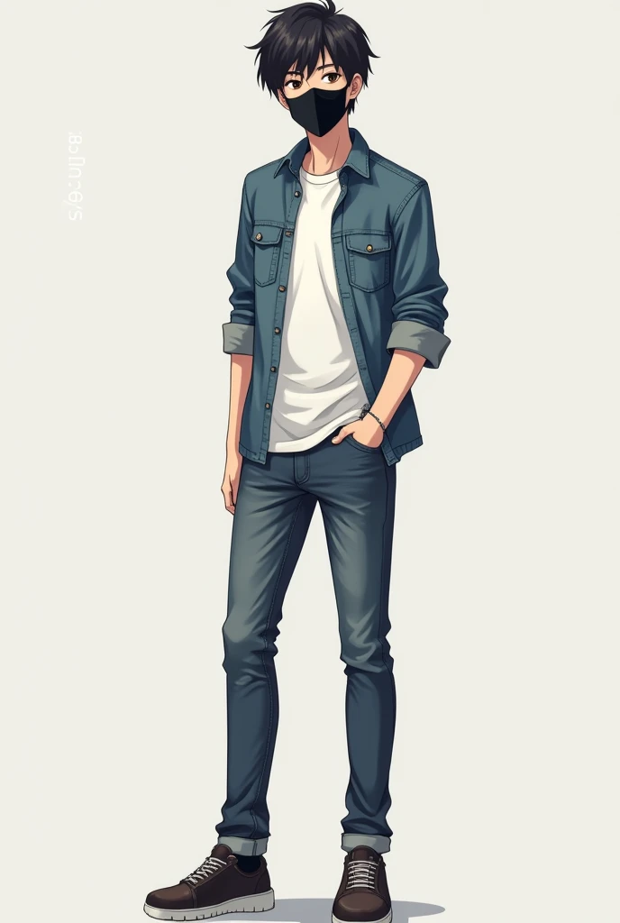 A anime casual boy wear jeansshirt and white t shirt on number 18 and wear black mask