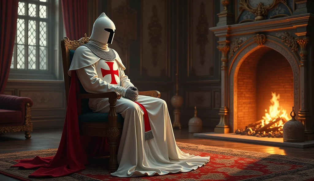 a templar knight with white cloak and red cross on his chest, resting on the fireplace inside a luxurious castle, high quality, artwork,, incredible lighting, illustration, cinematic light:1.1, perfect shading