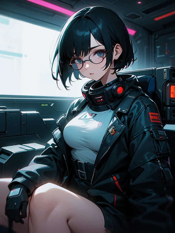 In a cyberpunk-like space、A woman in her late 20s with short black hair and glasses、I&#39;m a solo DJ。