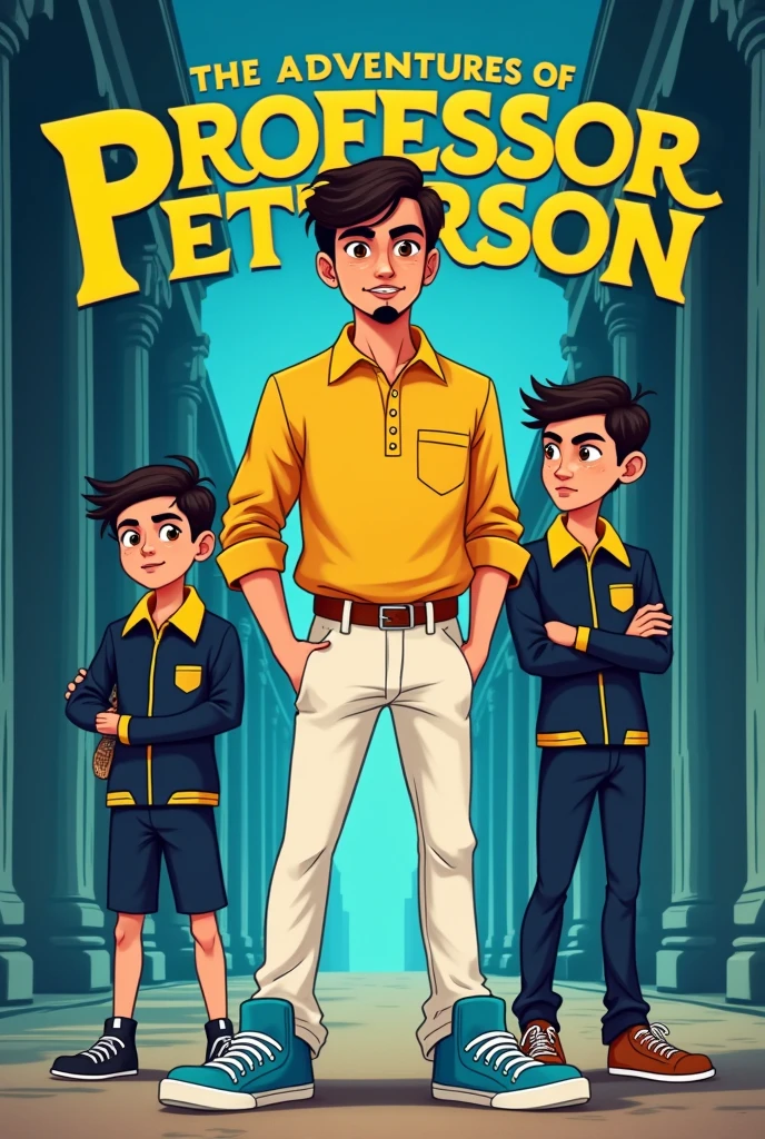 The movie cover/Boken "The Adventures of Professor Petterson", de Alecxander Cavalcante, presents a visual composition that captures the essence of the story and the main characters.
In the center of the image is Professor Petterson Mizzareli, In his signature attire. He wears a yellow shirt, White pants, blue sneakers and a brown belt, reflecting his vibrant personality and mentoring role. Your face is young and European, with white skin and a well-groomed goatee. His expression mixes seriousness and a hint of ironic humor., highlighting his duality as a teacher and detective.
To Petterson's left is Arthur Rogers, offwhite , Scrawny, black spiky hair and pimples one of the students, wearing a dark blue uniform with yellow outlines and edges, acompanhado dand matching sneakers. His expression is curious and determined, reflecting their active role in the plot.
On the right, Kauan Mac Millan , bay leaves, Cao Cao, green eyes and slender appears with a uniform similar to Arthur's, also dark blue with yellow outlines and edges, and matching sneakers. Your posture is more serious and focused, demonstrating your dedication and responsibility.
The cover background shows silhouettes of ancient Roman libraries, creating a mysterious and intriguing atmosphere, which alludes to the plot involving attacks on these institutions and the search for relics. The architectural lines of the libraries highlight the grandeur and suspense of the narrative.
The title "The Adventures of Professor Petterson" is highlighted at the top of the cover in a clear, bold font, with the author's name, Alecxander Cavalcante, Na parte inferior. The choice of colors and typographic design complements the central image, promising a narrative full of mystery and adventure.