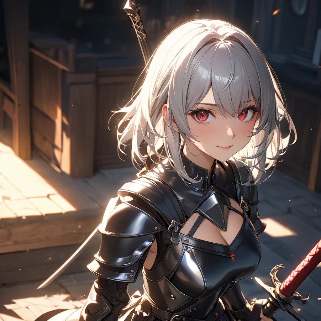 最high quality, wonderful_delicate, wonderful delicate eyes, Super detailed, beautiful, 8k , One girl, Red eyes, evil, Facial Contour,(Absurd, High resolution, Super detailed), masterpiece, The perfect solution, wonderfulディテール, Super Detailed, Cinema Lighting, Ray Tracing, Depth of written boundary, Cinema Lighting, Ray Tracing, 超High resolution, Attention to detail, 最high quality, High resolution, high quality, Awards, Super Detail, masterpiece, 8k, 超High resolution, Attention to detail, 最high quality, High resolution, high quality, Awards, Super Detail, masterpiece, 8k, Digital Art, Anime Coloring,(Official Art、最high quality、unity 8k wallpaper、32K、masterpiece、Very detailedな、超High resolution、Realistic、Photorealistic:1.2)、(Cinema Lighting:1.2)、Fire glow effect、Film Grain、Best Shadow、Rim Light、Side light、(Very detailedで複雑な3Dレンダリング)、((Swiss countryside village、とてもbeautiful背景))、細部までbeautiful顔と目、(Beautiful and sharp eyes)、masterpiece, High resolution、最high quality, ultra High resolution, Maximum resolution, Very detailed, Professional Lighting, beautiful肌, 2. Women、Silver Hair、Hololive、Shirogane Noel、knight、armor、Warrior、smile、((Show off your swordsmanship、knightの剣、knightの盾))、royal palace、city、((whole body))、((Accurate Anatomy))