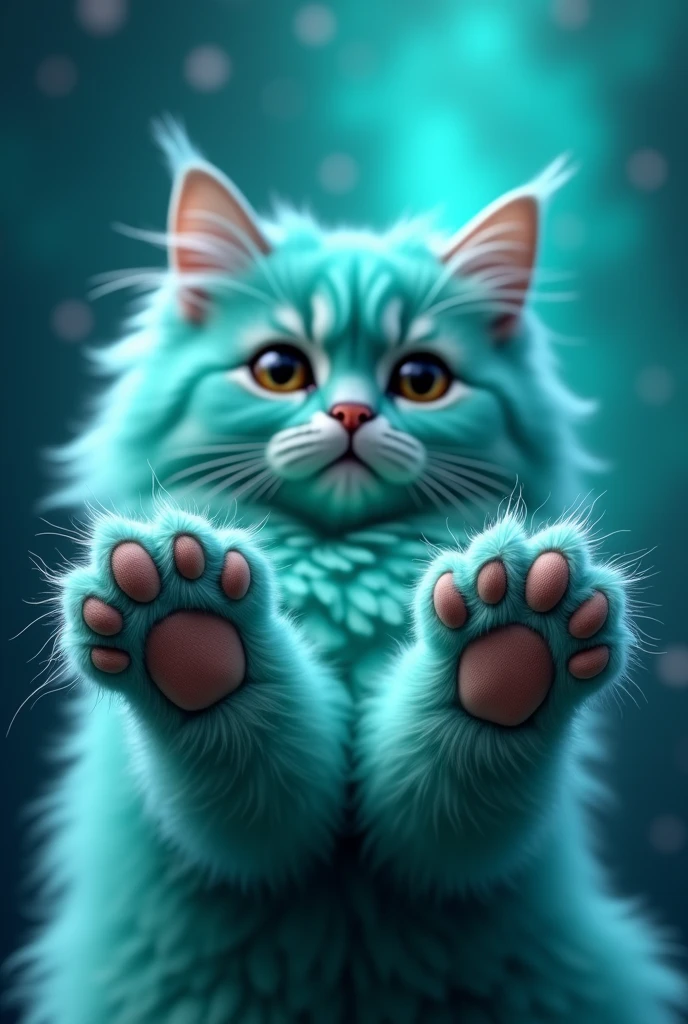 create a turquoise cat, realisitic, fluffly, he has his paws in front, leaning on the image, the paws are in front, zoom na pata, the paws touch the camera lens, super zoom na pata, the cat's face is blurred, the cat is behind, blurred in the background, nblurry background, gato fluffly, glad, super realisitic, high realism, the background is turquoise galaxy showing its paws to the viewer, paw art, turquoise galaxy background